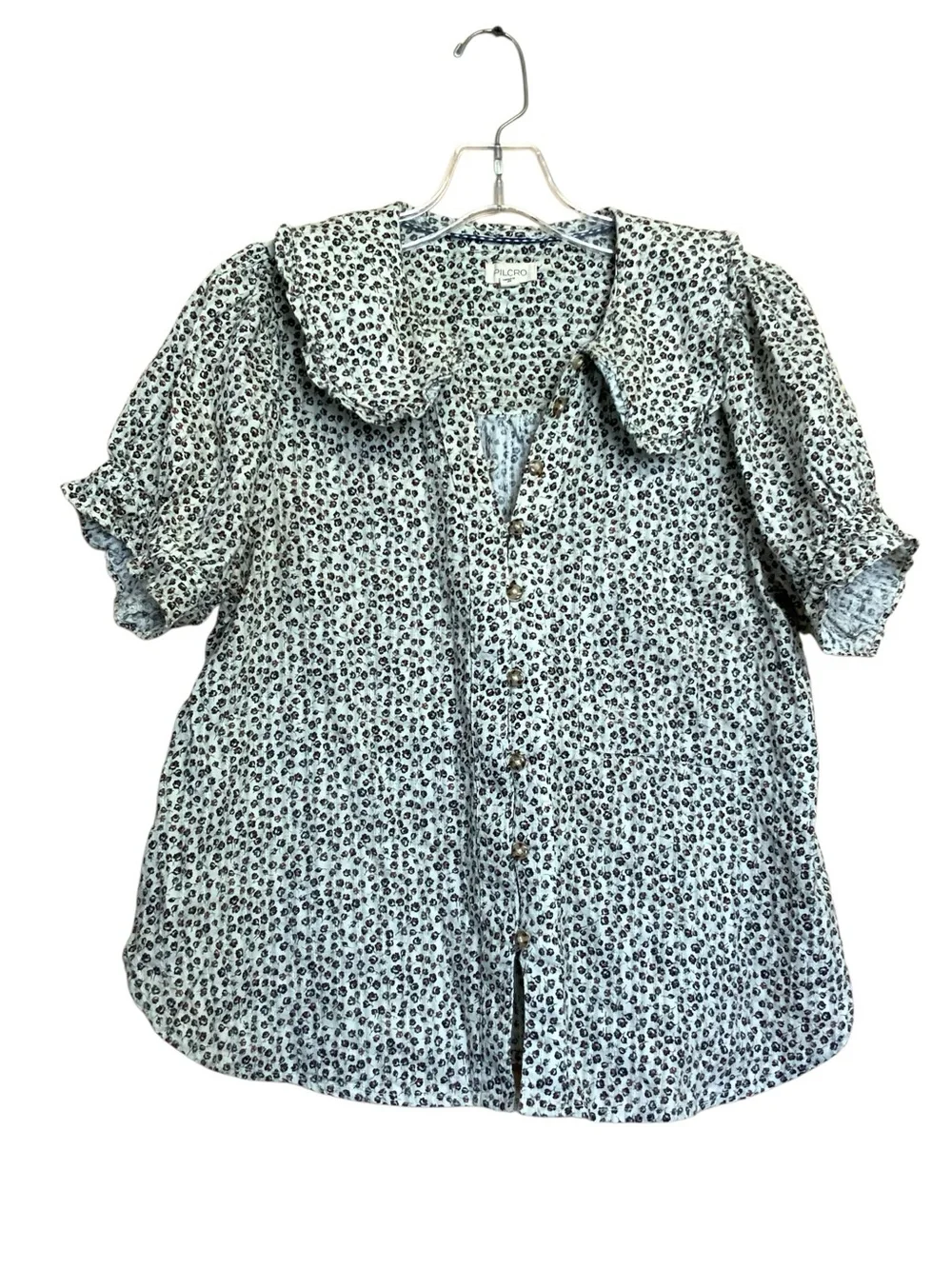 Anthropologie Cream and Black Leopard Print Puff Sleeve Blouse
